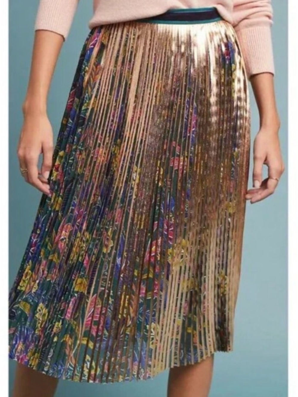 Anthropologie Maeve Printed + Pleated Metallic Floral Midi Skirt Size 0